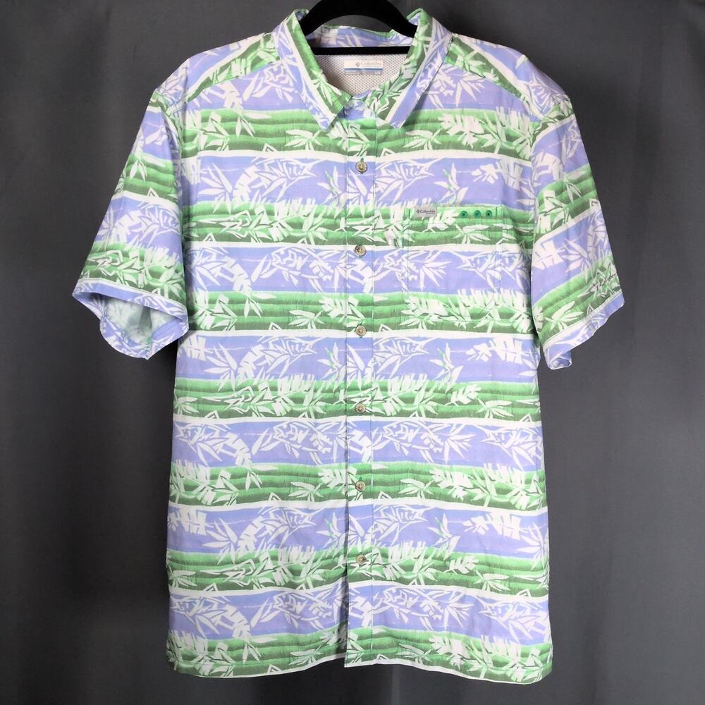 Columbia PFG Men's Button Up Super Slack Camp Shirt Purple Green Tropical Large
